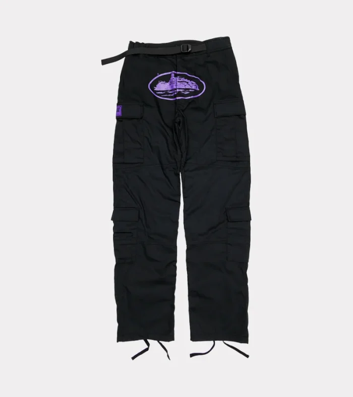 corteiz-purp-guerillaz-cargos-black-purple